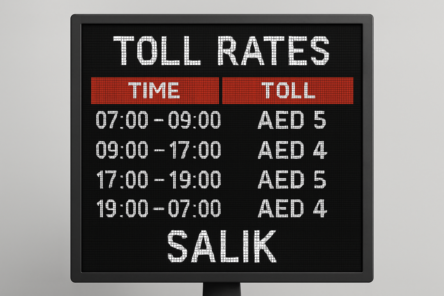 Digital display showing toll rates in UAE