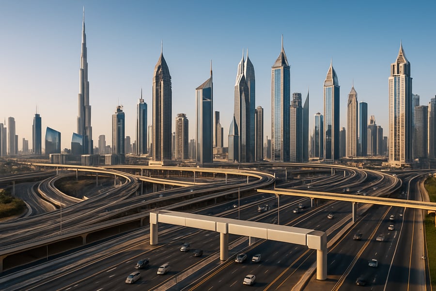 Dubai skyline with modern highways and toll gates
